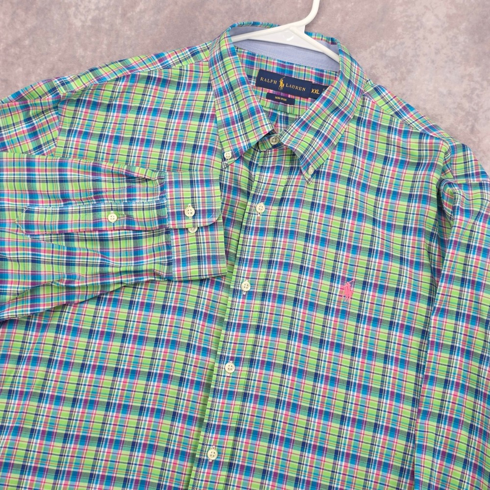 Ralph Lauren Button Down Shirt Mens XXL Plaid Green Pink Blue Non-Iron L/S